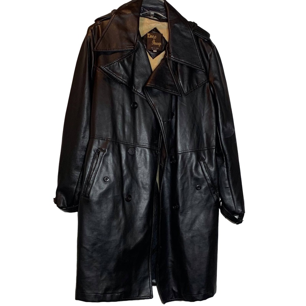 EUC Kings Image Faux Leather Fleece‎ Lined Double Breasted Trenchcoat Size 42